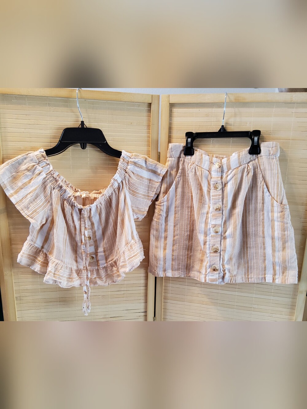 Beige & White Striped Off-Shoulder Crop Top W/ Skirt - Lightweight Summer Style